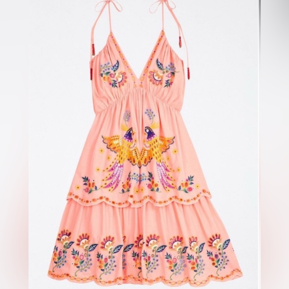 FARM Rio Richelieu Halter-Low Back, Bird Embroidered Dress- Size Small